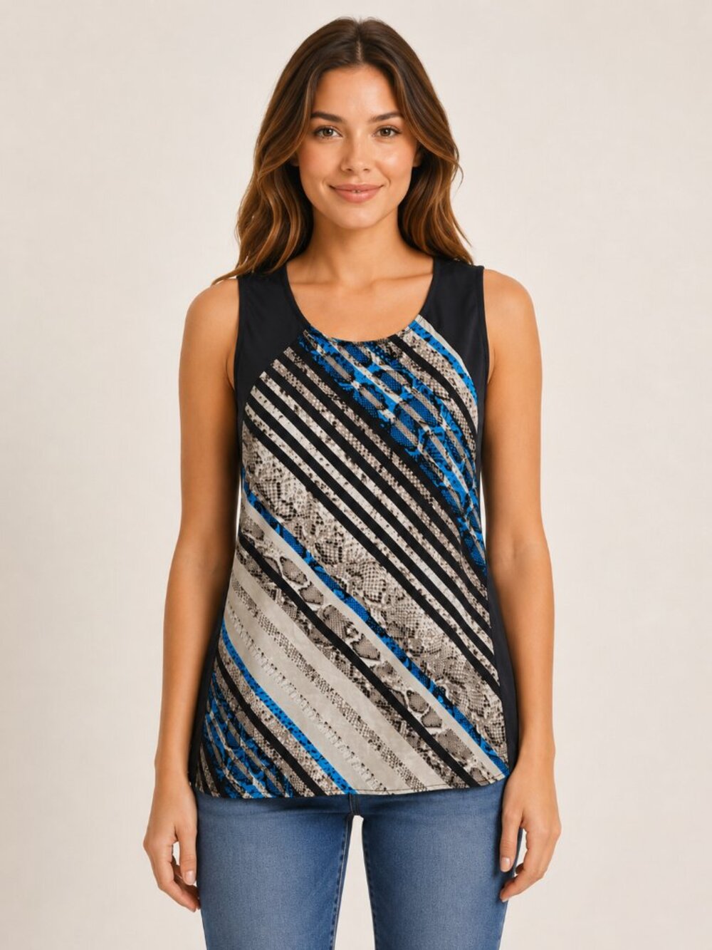 Amanda Green Women’s Sleeveless Animal Print Blouse Size M Blue Black Beige Abst